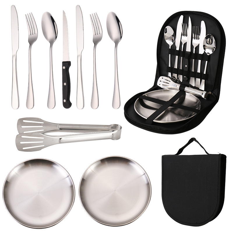 Cross-Border Outdoor Stainless Steel Tableware Set Portable Travel Camping 10-Piece Barbecue Plate Food Clip Knife Fork Spoon