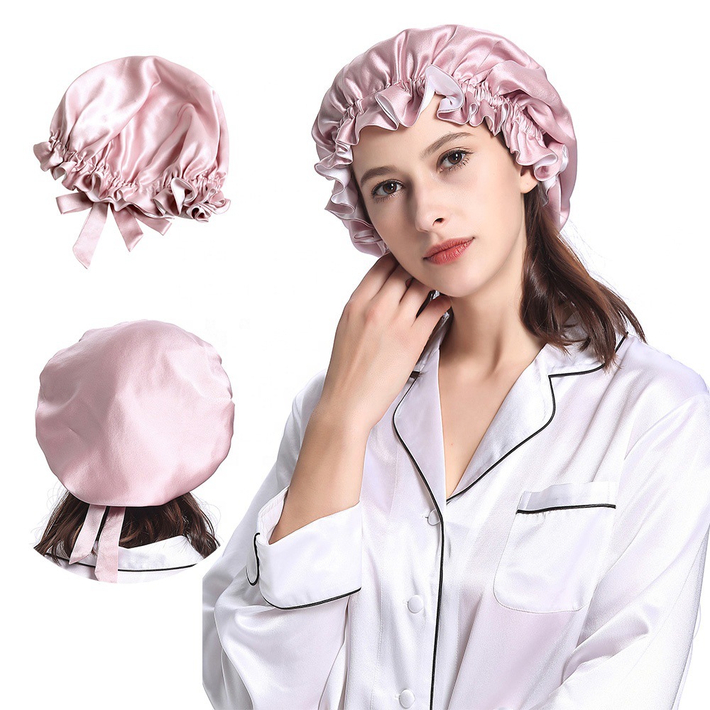 双层真丝睡帽100桑蚕丝圆帽蝴蝶结帽16/19/22姆米丝绸护发头巾帽