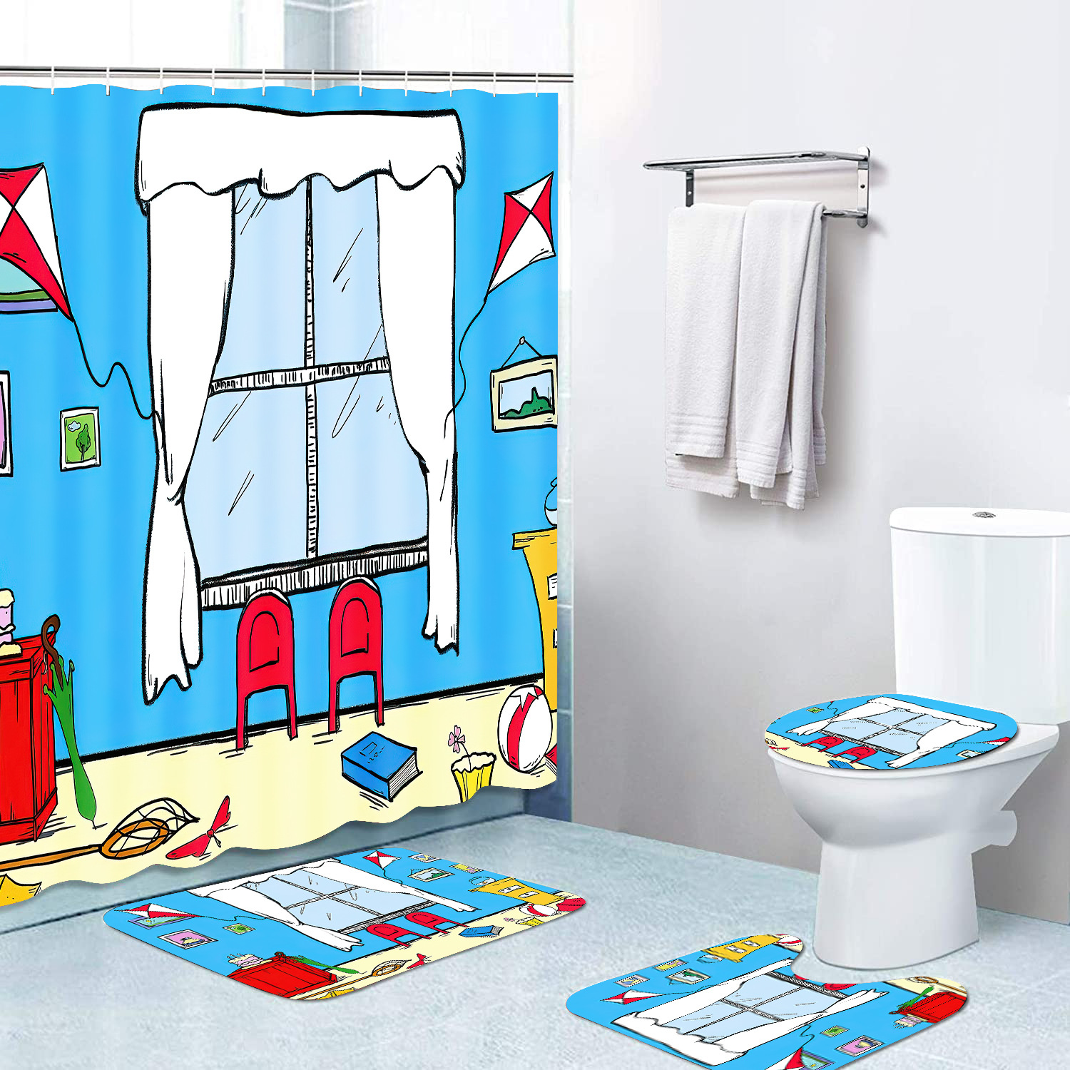 Amazon Cross-Border Cartoon Window Shower Curtain Four-Piece Waterproof Shower Curtain Carpet Non-Slip Mat Toilet Mat Floor Mat Set