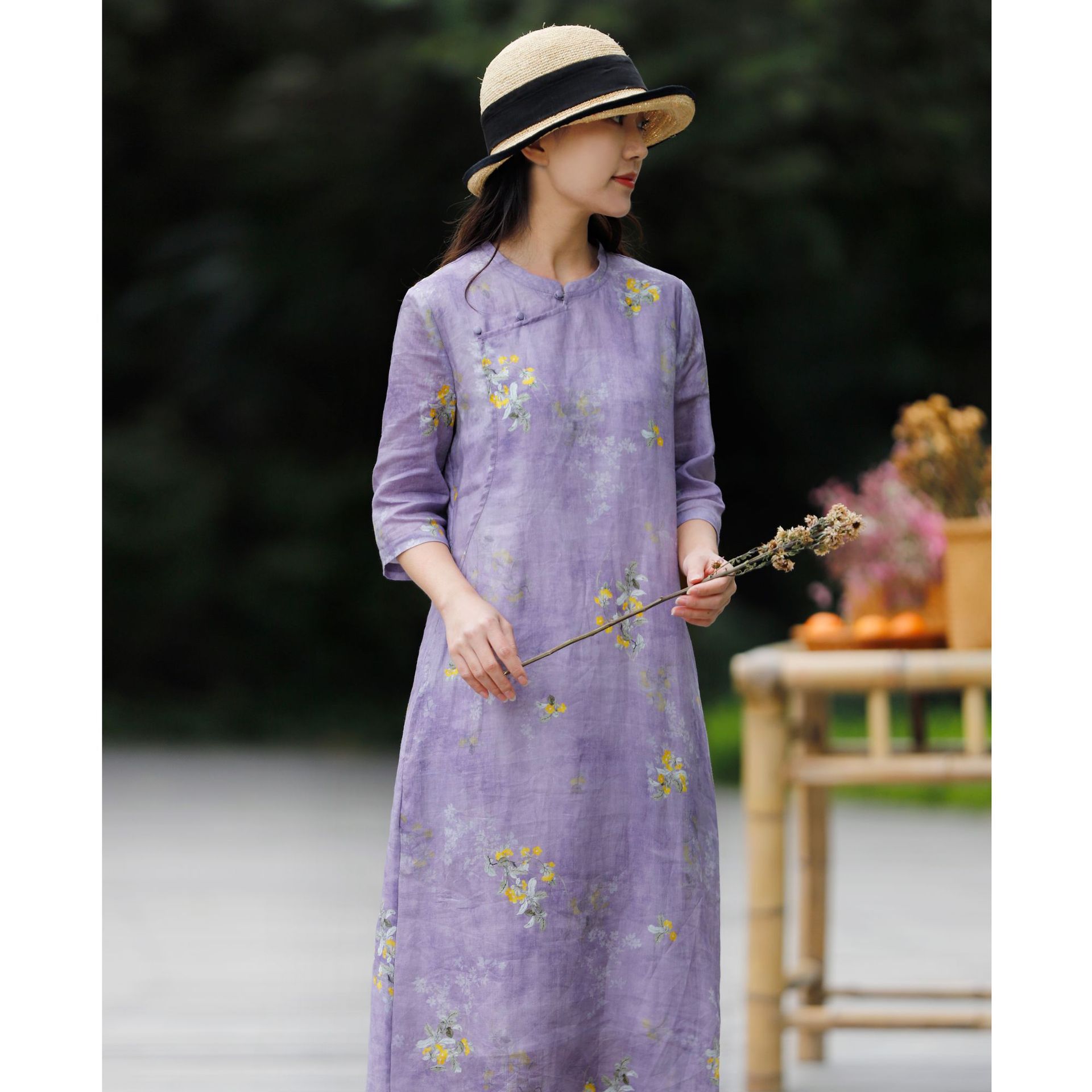 原创高端棉麻女装新款复古国风密织苎麻印花改良旗袍女裙厂家批发