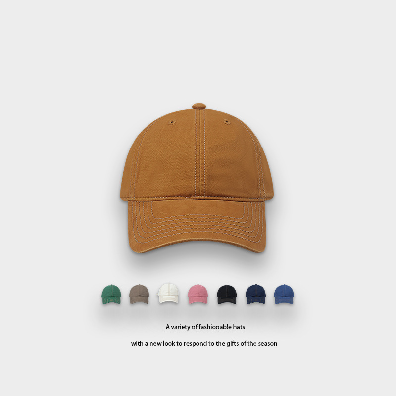 日系水洗棉帽子女纯色光身明线软顶鸭舌帽男简约情侣休闲棒球帽子