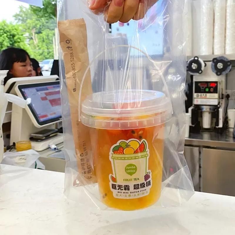 一桶水果茶打包袋1000ml网红奶茶桶外卖手提背心袋霸王杯单杯袋