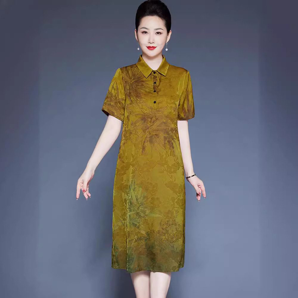 中老年加肥加大码女装高贵真丝连衣裙洋气质妈妈款翻领桑蚕丝裙子