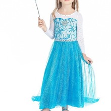 蓝色长袖披纱冰雪奇缘裙子角色扮演舞台演出连衣裙女童艾莎公主裙