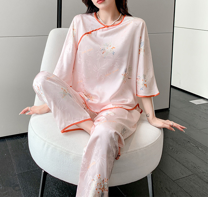 轻奢新中式提花缎面中国风盘扣性感春秋季冰丝绸睡衣女款夏天套装