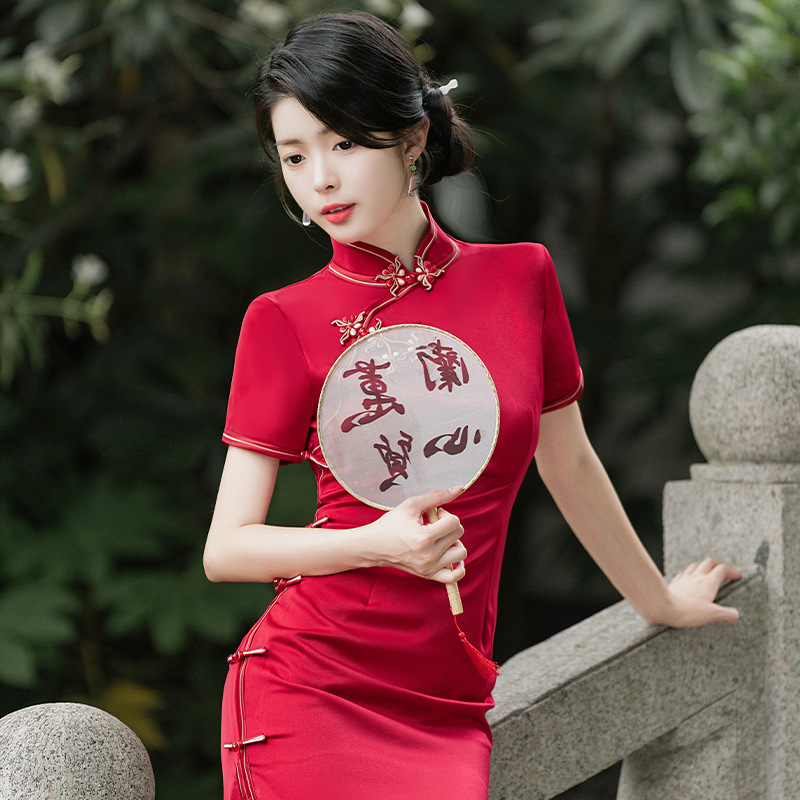 春夏新款醋酸纯色旗袍连衣裙中长款宴会旗袍礼服改良复古休闲旗袍