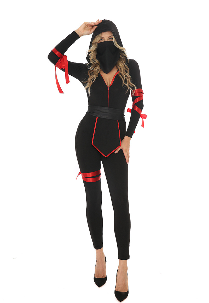 万圣节女斗士武士服装 黑红色连体火影忍者cosplay女战士游戏服