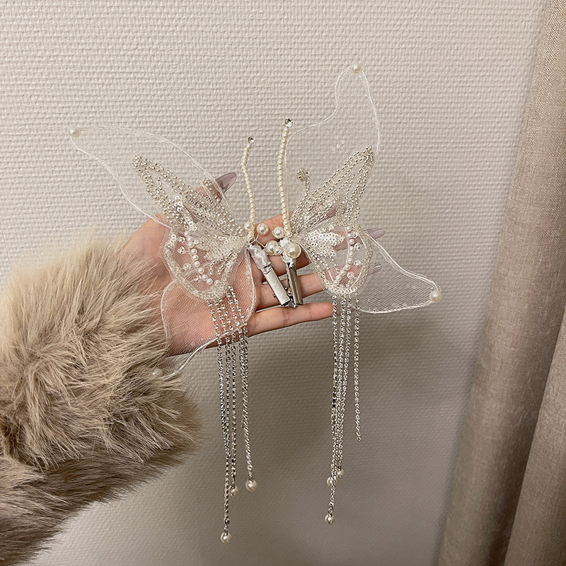 Li Yitong Same Style Tassel Hairpin Women's Pearl Bow Headdress Bridal Wedding Elf Fairy Hair Accessory