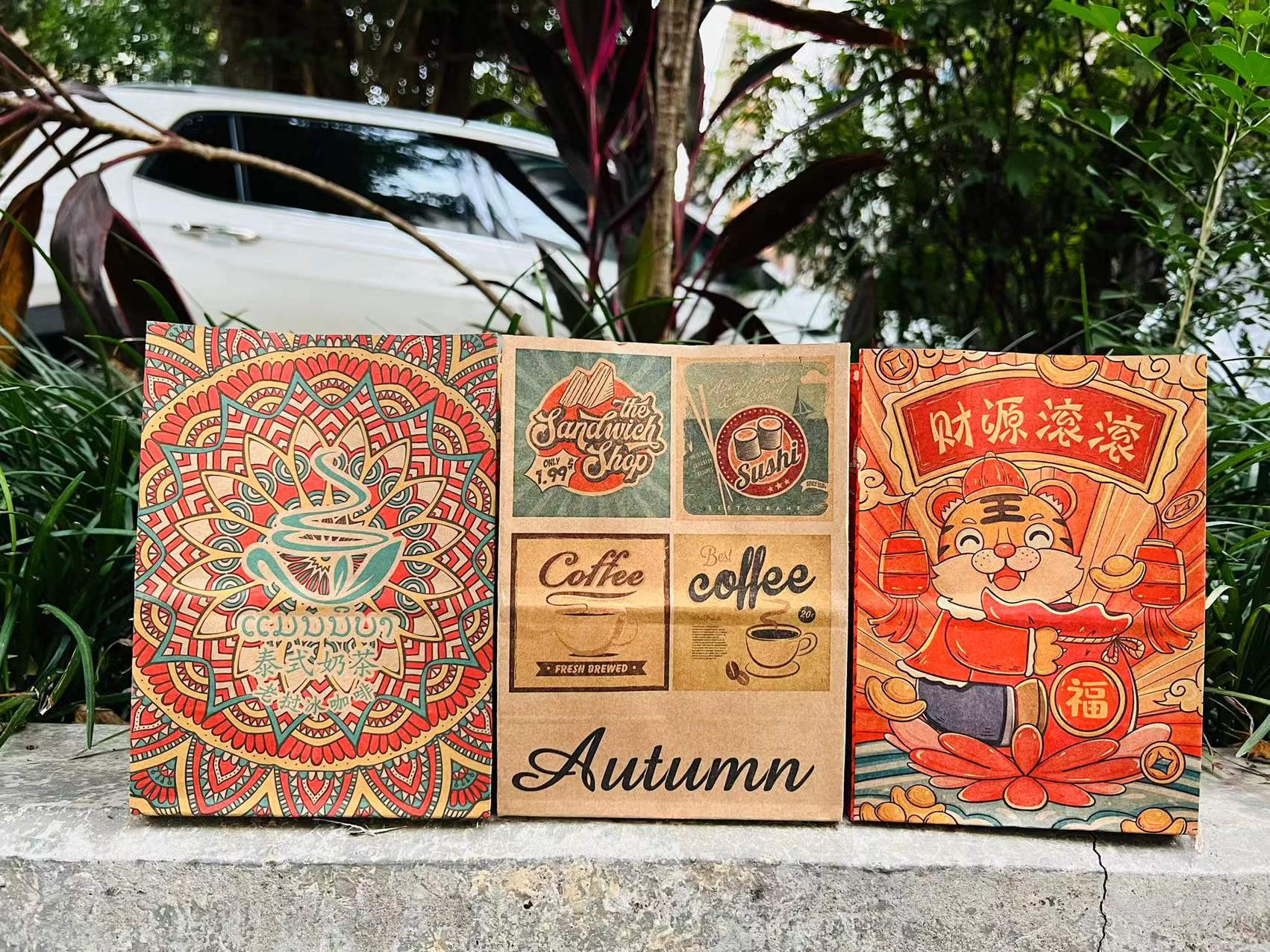 咖啡袋老挝咖啡纸袋冰粉打包袋打包带外卖袋奶茶包装袋子单杯双杯9