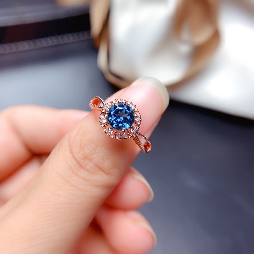 蒂凡祺新款天然伦敦蓝托帕石戒指925银k金工艺精工镶嵌 主石6*6mm