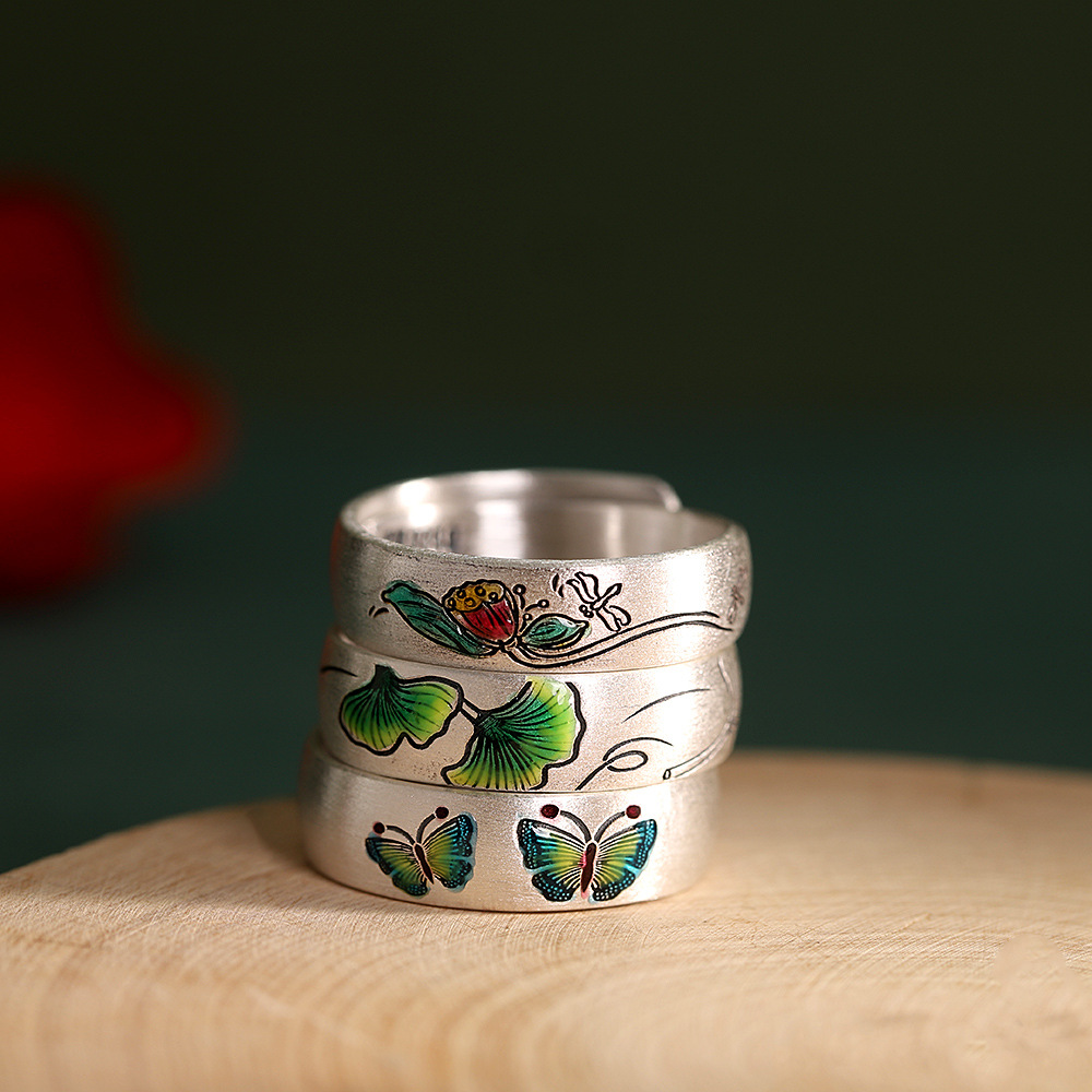 9莲花珐琅彩戒指女潮轻奢复古国风足银活口指环-阿里巴巴