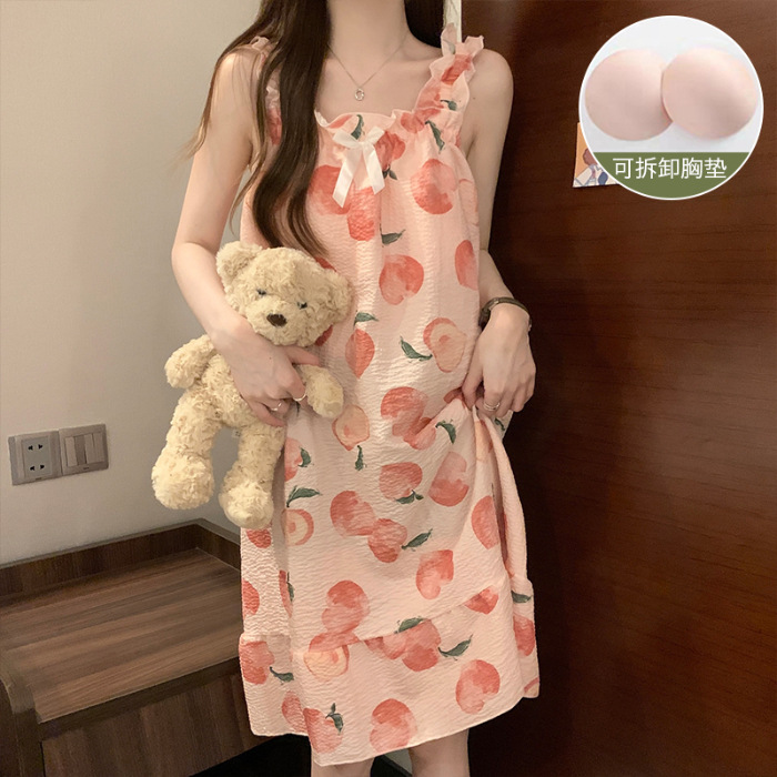 Summer with Chest Pad Removable Slip Nightdress Thin Sweet Fairy Wind Woven Bubble Cotton Can Be Outerwear Homewear