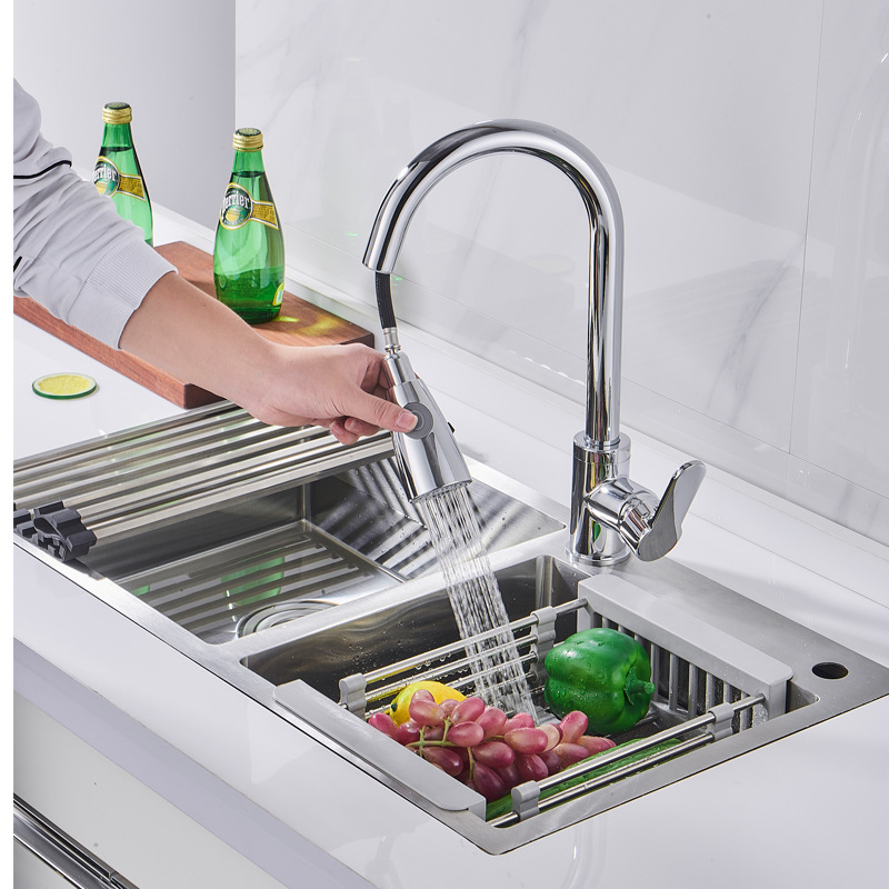 Cross-Border 304 Kitchen Pull-out Faucet Retractable Universal Rotating Washing Basin Faucet Hot and Cold Faucet