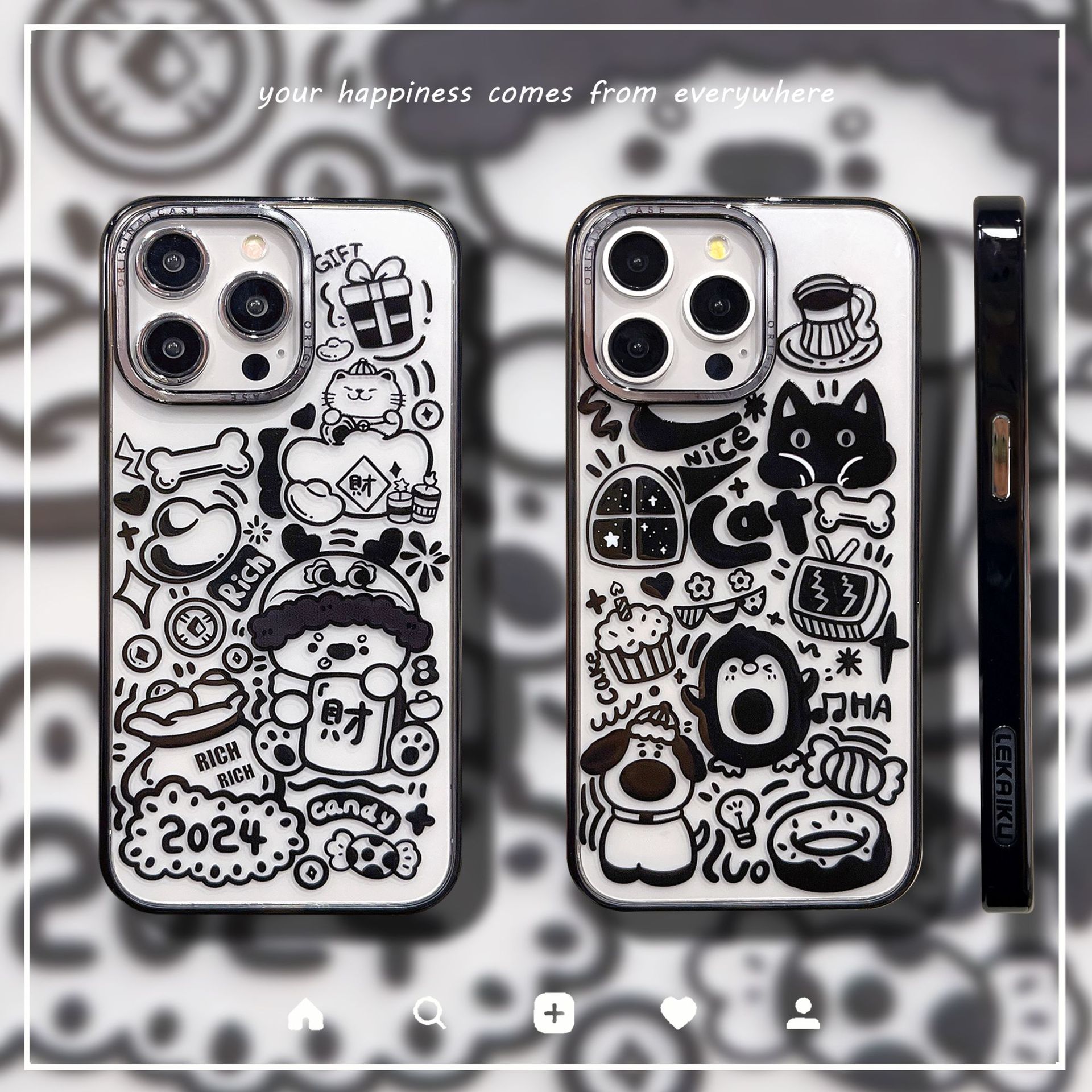 涂鸦招财猫咪适用15pro max防摔iphone14pro苹果13手机壳12个性