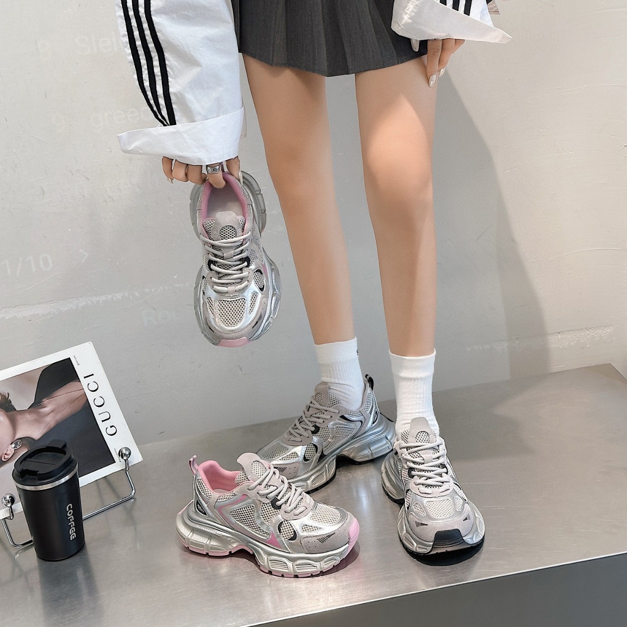 巴黎走秀新品老爹鞋真皮女春夏吸模底厚底金属拼色休闲潮鞋-阿里巴巴