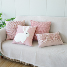 ins风粉色兔子抱枕立体花朵靠枕可爱毛绒少女心粉色兔沙发靠垫