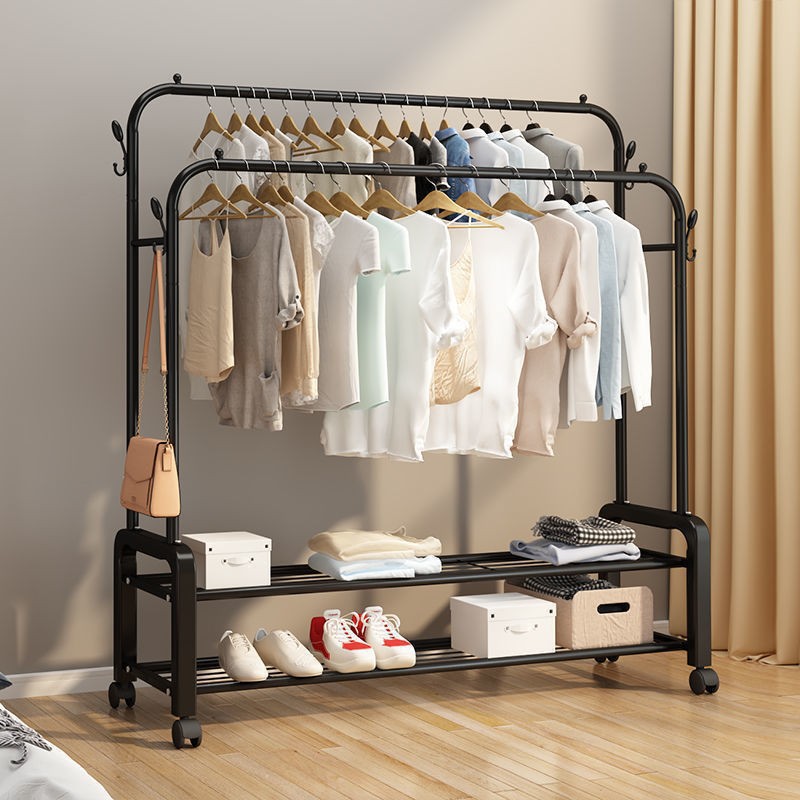 Floor Hanger Simple Bedroom Clothes Rack Household Coat Rack Balcony Clothes Rack Indoor Vertical Double Rod Clothing Rod