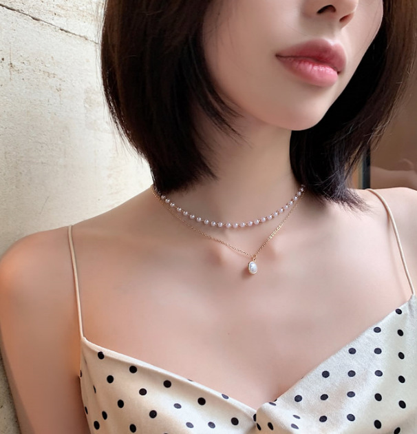 European and American New Fashion Simple Chain Beaded Multi-Layer Necklace Pearl Pendant Necklace