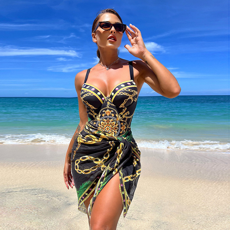 2023 european and american new one-piece swimsuit women‘s sexy beauty back printed bikini two-piece blouse foreign trade bikini