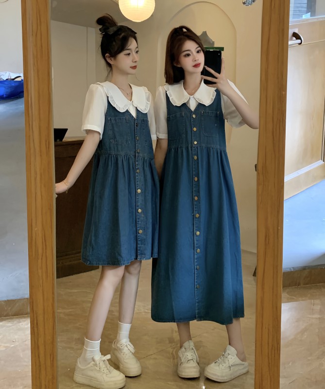 2023大码女装夏季新款微胖mm闺蜜装洋气减龄显瘦牛仔背心裙两件套