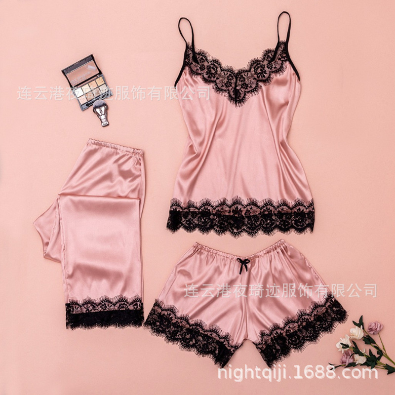 Cross-Border Amazon Ebay Supply European and American Sexy Three-Piece Pajamas Sexy Lingerie Women's Summer Homewear with Braces