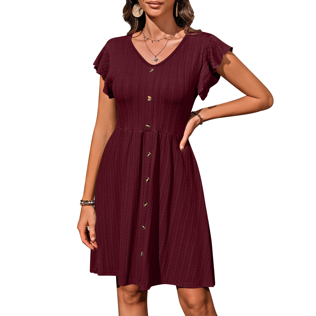 Europe and America Cross Border 2024 Amazon Summer New Product Women's Clothes V-neck Buttons Waist Elastic Short Sleeve Dress Women Women Clothes