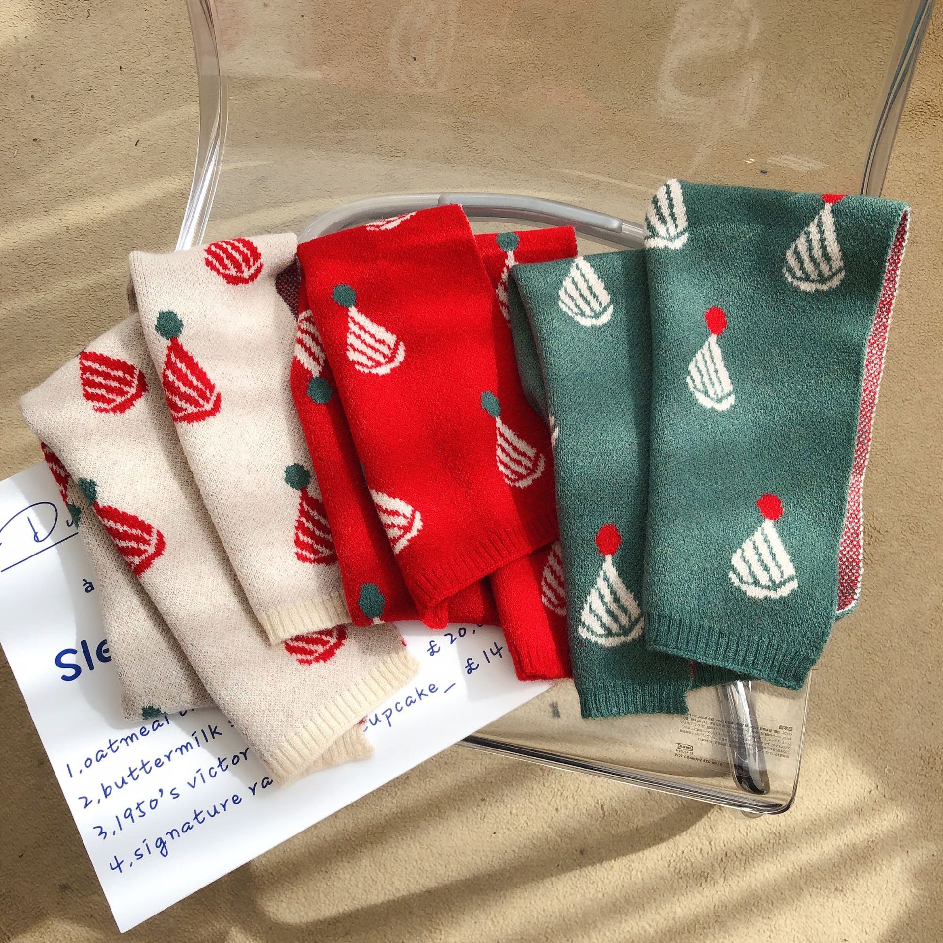 冬季新款可爱红绿圣诞帽印花降落伞宝宝男童女童毛线针织保暖围巾