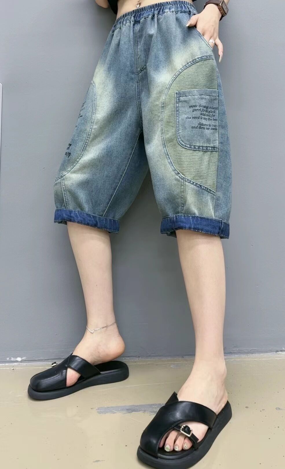 牛仔六分裤 2024夏季新款 时尚字母拼接休闲宽松水洗做旧哈伦裤女