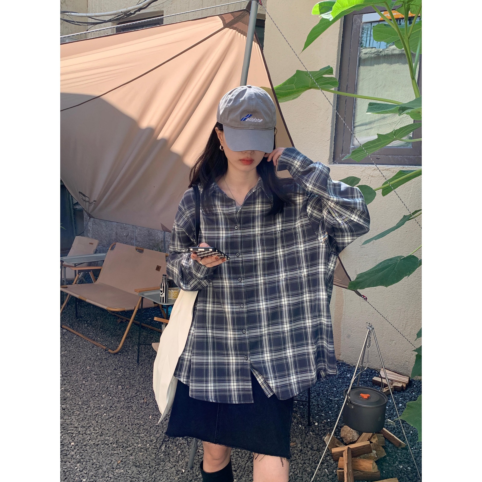 苏安家秋季复古格子衬衫女纯棉长袖中长款韩版宽松polo领百搭衬衣
