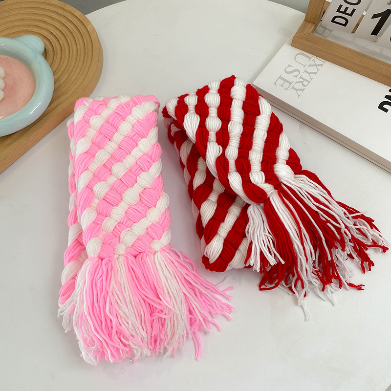 Women's Korean-Style Plush Scarf Striped Scarf 2022 New Autumn and Winter Shawl Homemade Materials Handmade Warm Scarf