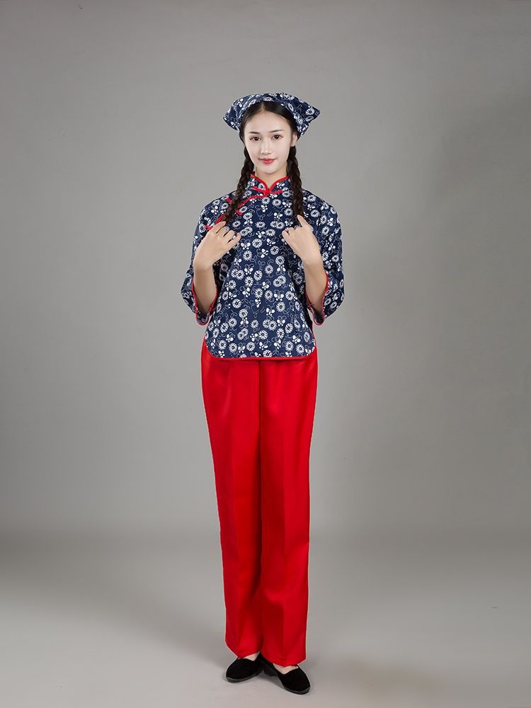 村姑衣服碎花女阿庆嫂服装中老年秧歌服采茶女舞蹈服复古民国套装