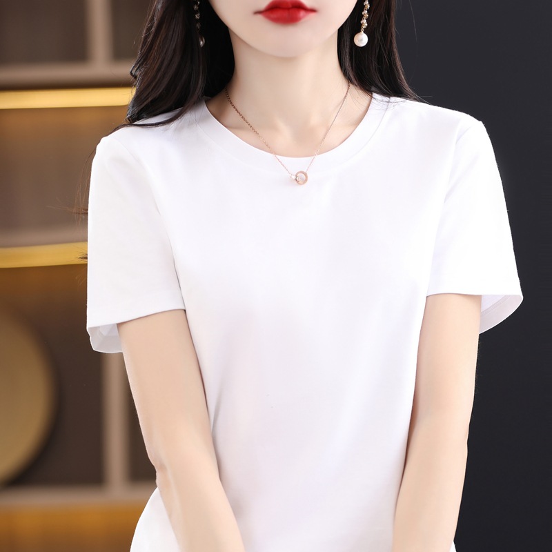 Upgraded 80 Mercerized Cotton Short-Sleeved Women's Summer Women's round V-neck Loose Basic Style Cotton T-shirt All-Match Top T-shirt