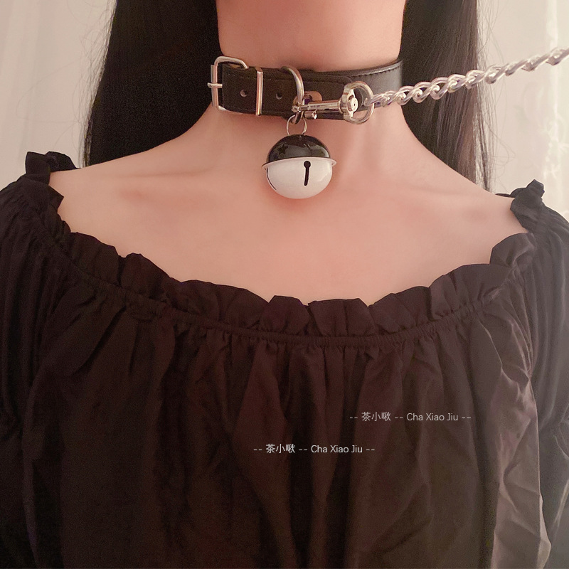 铃铛项圈颈链锁骨链饰品pu牵引绳脖环朋克铁链暗黑色cos合金项链