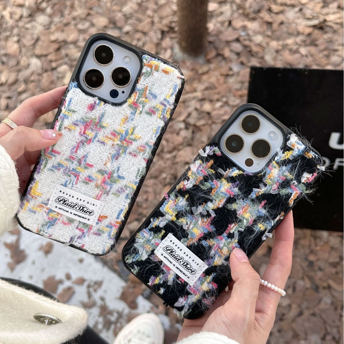 小香风毛绒撞色千鸟格适用iphone15promax苹果13/14手机壳11女12