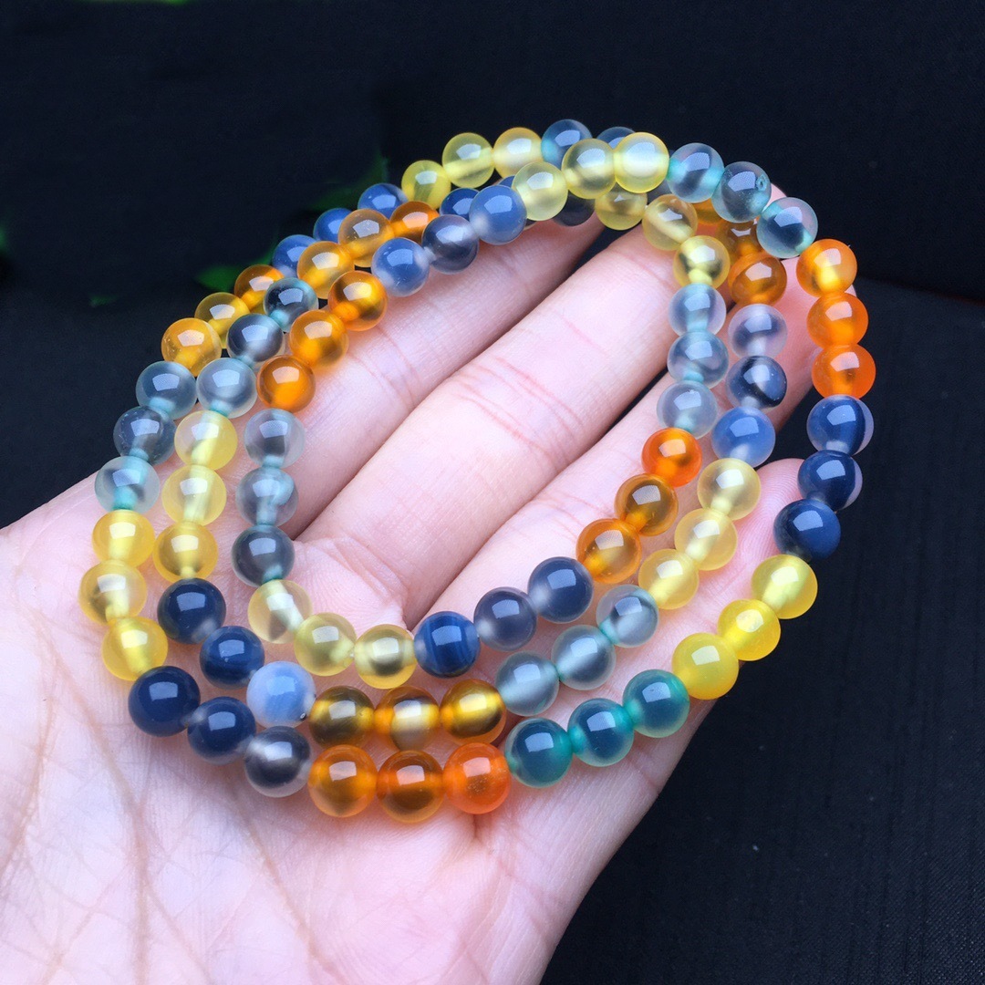天然彩色糖心玛瑙手链男女蓝色水晶玉髓多圈圆珠手串佛珠项链
