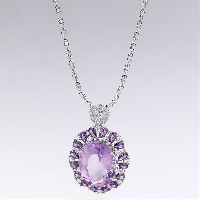 s925银镶嵌乌拉圭老矿天然紫水晶21克拉华丽高贵女士吊坠项链批发