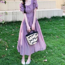 连衣裙2023女新款法式温柔风紫色夏季收腰显瘦感森系仙女裙速卖通