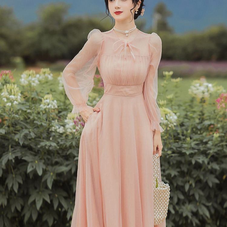 橘色秋款仙气旅拍长裙度假复古风小清新减龄连衣裙高腰显瘦女