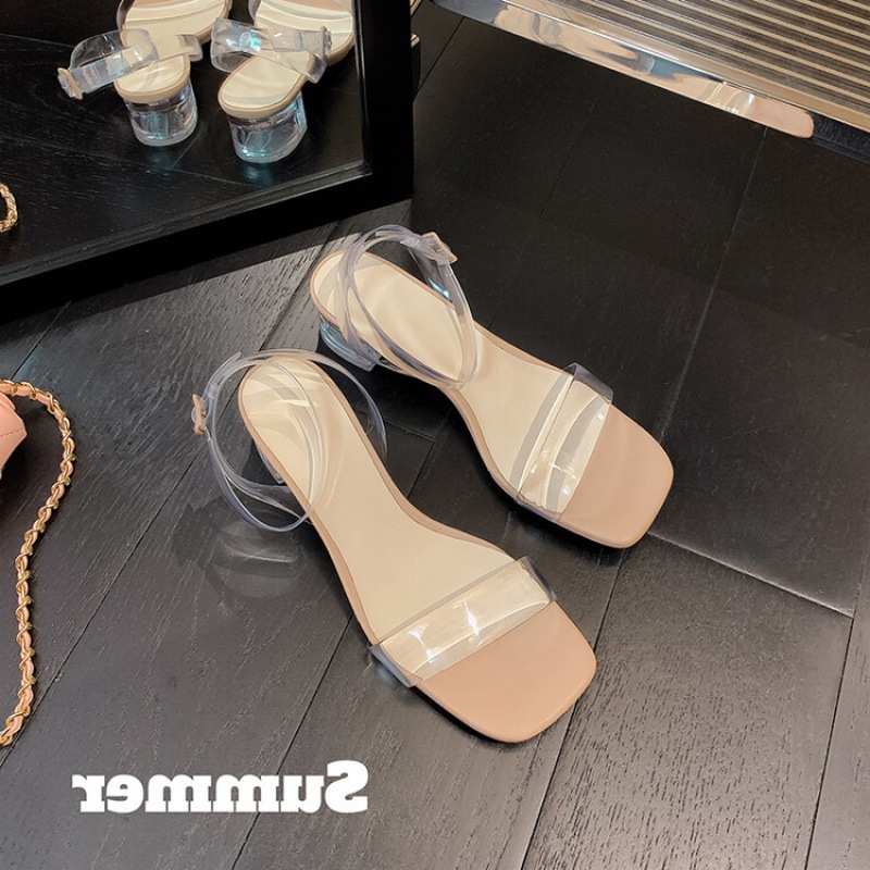 2024夏季新款一字扣带气质仙女风罗马鞋时尚气质透明女凉鞋水晶鞋