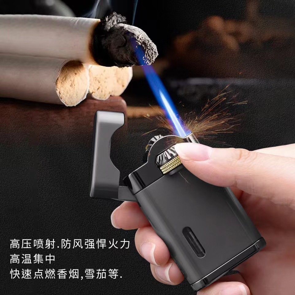 中邦个性轻薄款打火机复古齿轮联动侧滑防风直冲方形打火机可视窗