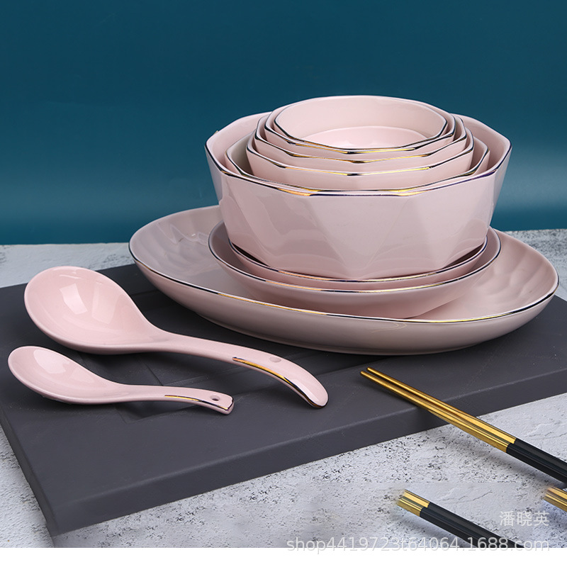 现货供应粉描金系列钻石盘 钻石碗 商用北欧风餐具家用早餐粥碗