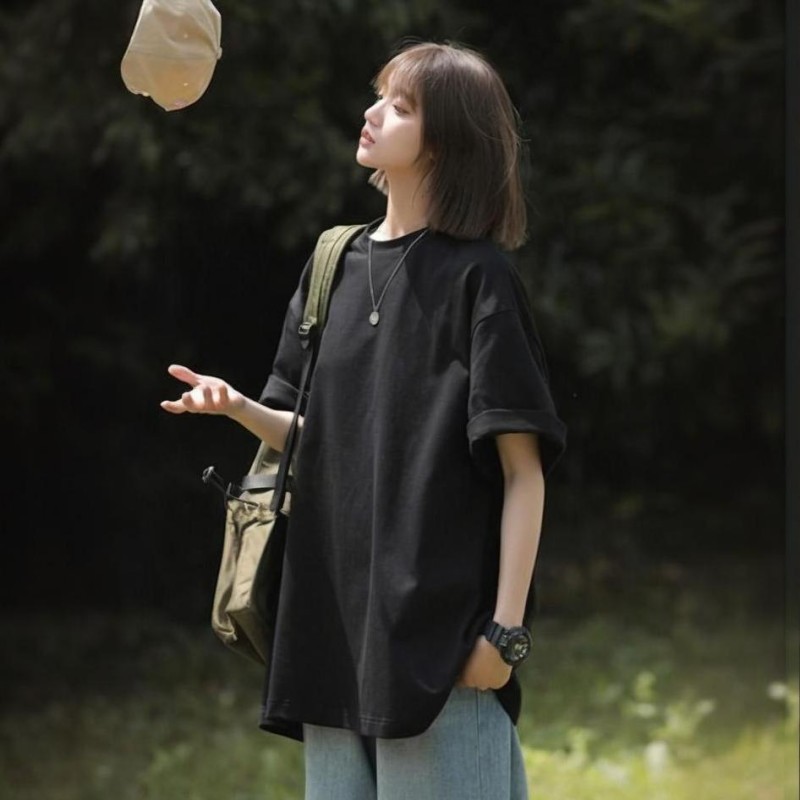 日系风300g重磅t恤男女士高克重廓形纯棉短袖夏季落肩纯色打底衫