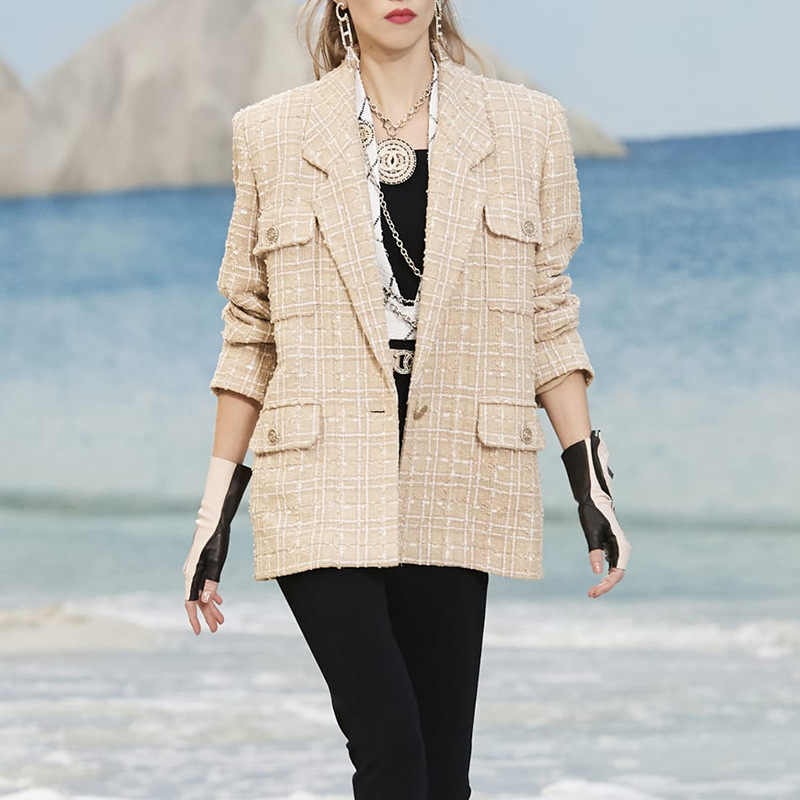 小众设计感时髦小香风宽松版中长款外套女经典格子名媛气质小西装