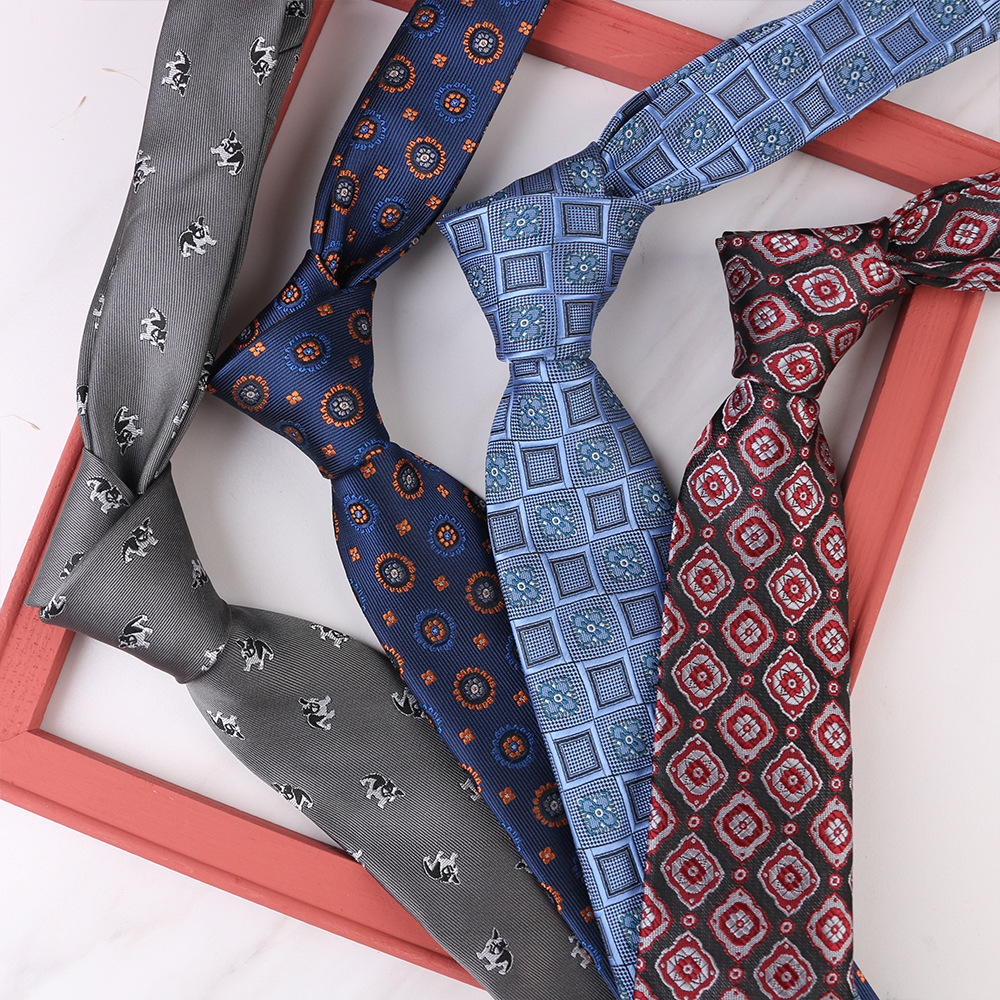 Men's Casual Trendy Polyester Silk Floral Plaid 7cm Hand Tie Dot Navy Blue Red in Stock Wholesale