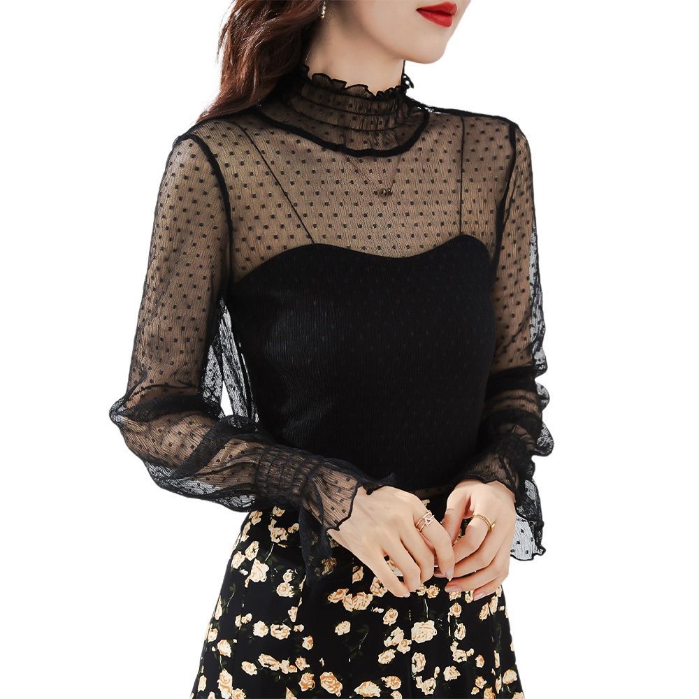 蕾丝打底衫女内搭波点网纱上衣薄款洋气半高领性感透视长袖纱衣女
