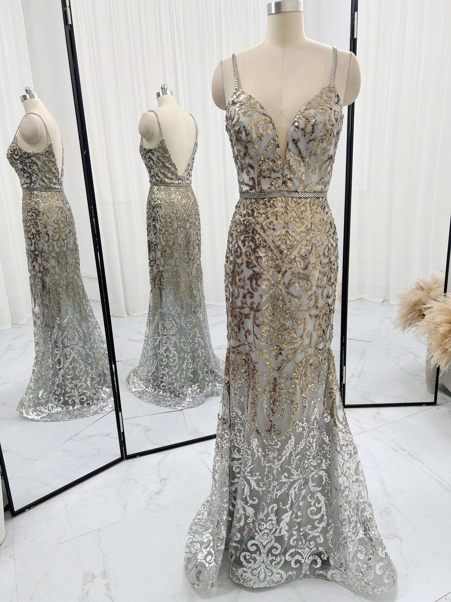 银色时尚性感亮片吊带低胸修身鱼尾晚礼服裙m1370-阿里巴巴