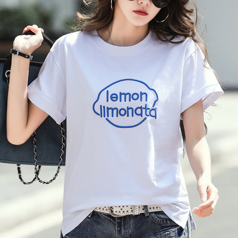 白色t恤女短袖新款夏季宽松大码字母刺绣体恤衫遮肚上衣一件批发
