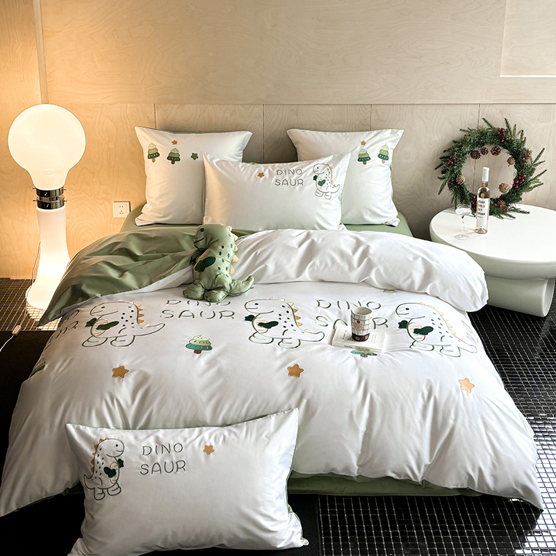 7月新款100支长绒棉刺绣四件套系列-小恐龙(送同款恐龙小抱枕)