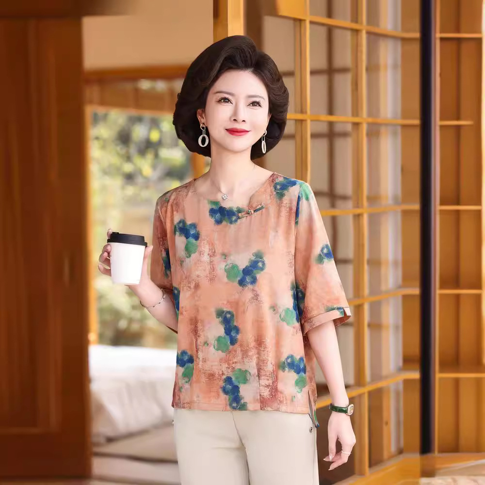 妈妈装春夏气质小衫洋气套头女士t恤上衣女40岁50中老年女装短袖