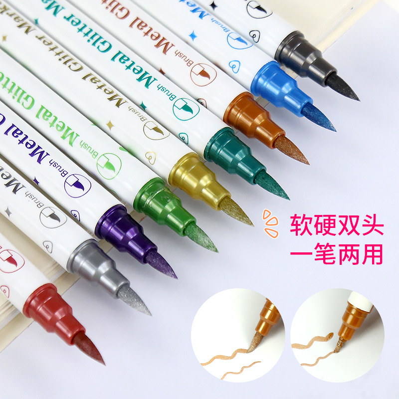 Metal Pen Type Writing Brush 10 Colors Suit Double-Headed Soft-Headed Pen Color Hook Line Pen DIY Greeting Card Painting Hand Account Marking Pen